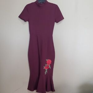 Another Story Elegant Plum Dress with Floral Embroidery Size Xs